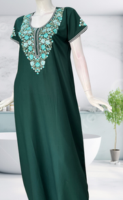 Bottle Green Embroidery Soft Cotton Nighty. Soft Breathable Fabric | Laces and Frills - Laces and Frills
