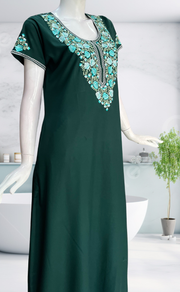 Bottle Green Embroidery Soft Cotton Nighty. Soft Breathable Fabric | Laces and Frills - Laces and Frills