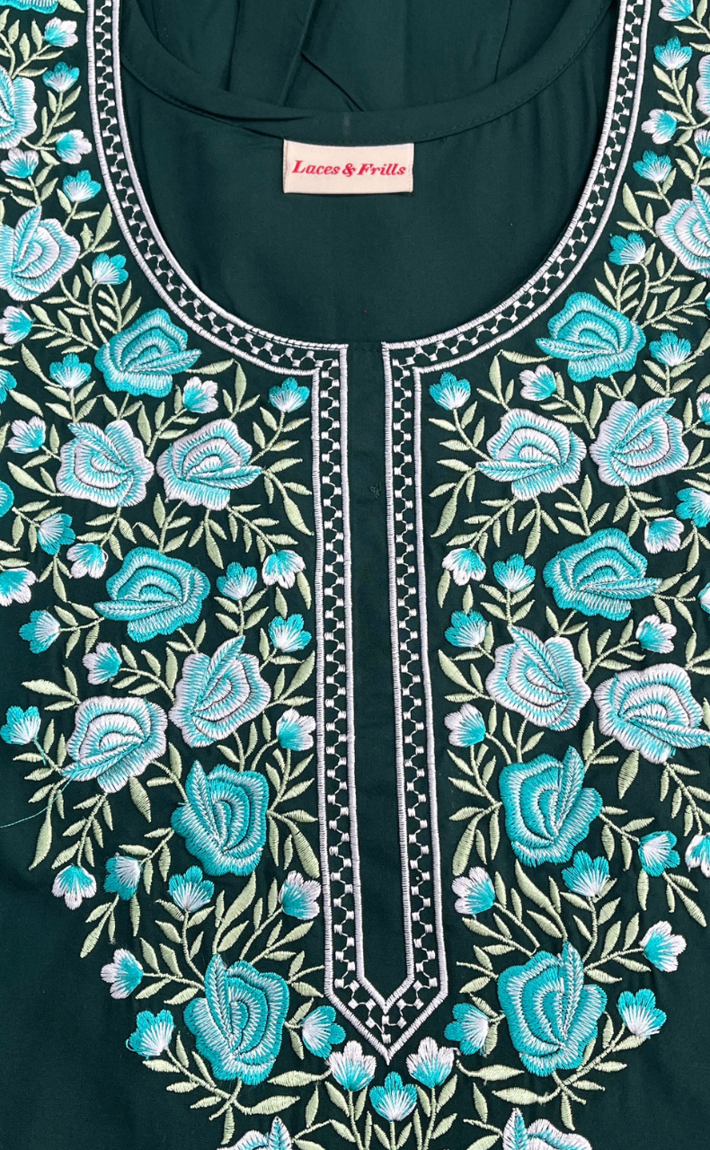 Bottle Green Embroidery Soft Cotton Nighty. Soft Breathable Fabric | Laces and Frills - Laces and Frills