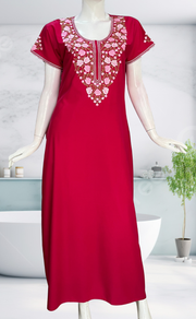 Rani Pink Embroidery Soft Cotton Nighty. Soft Breathable Fabric | Laces and Frills - Laces and Frills