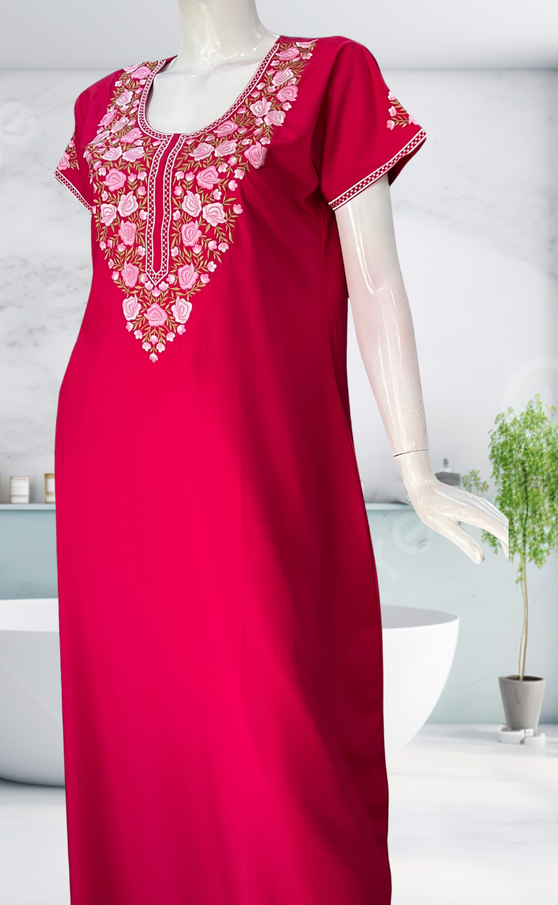 Rani Pink Embroidery Soft Cotton Nighty. Soft Breathable Fabric | Laces and Frills - Laces and Frills