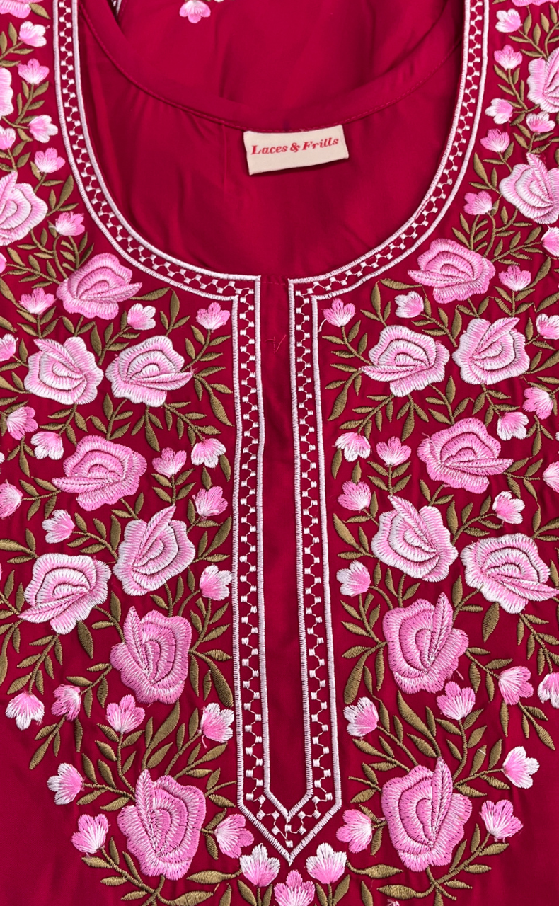 Rani Pink Embroidery Soft Cotton Nighty. Soft Breathable Fabric | Laces and Frills - Laces and Frills