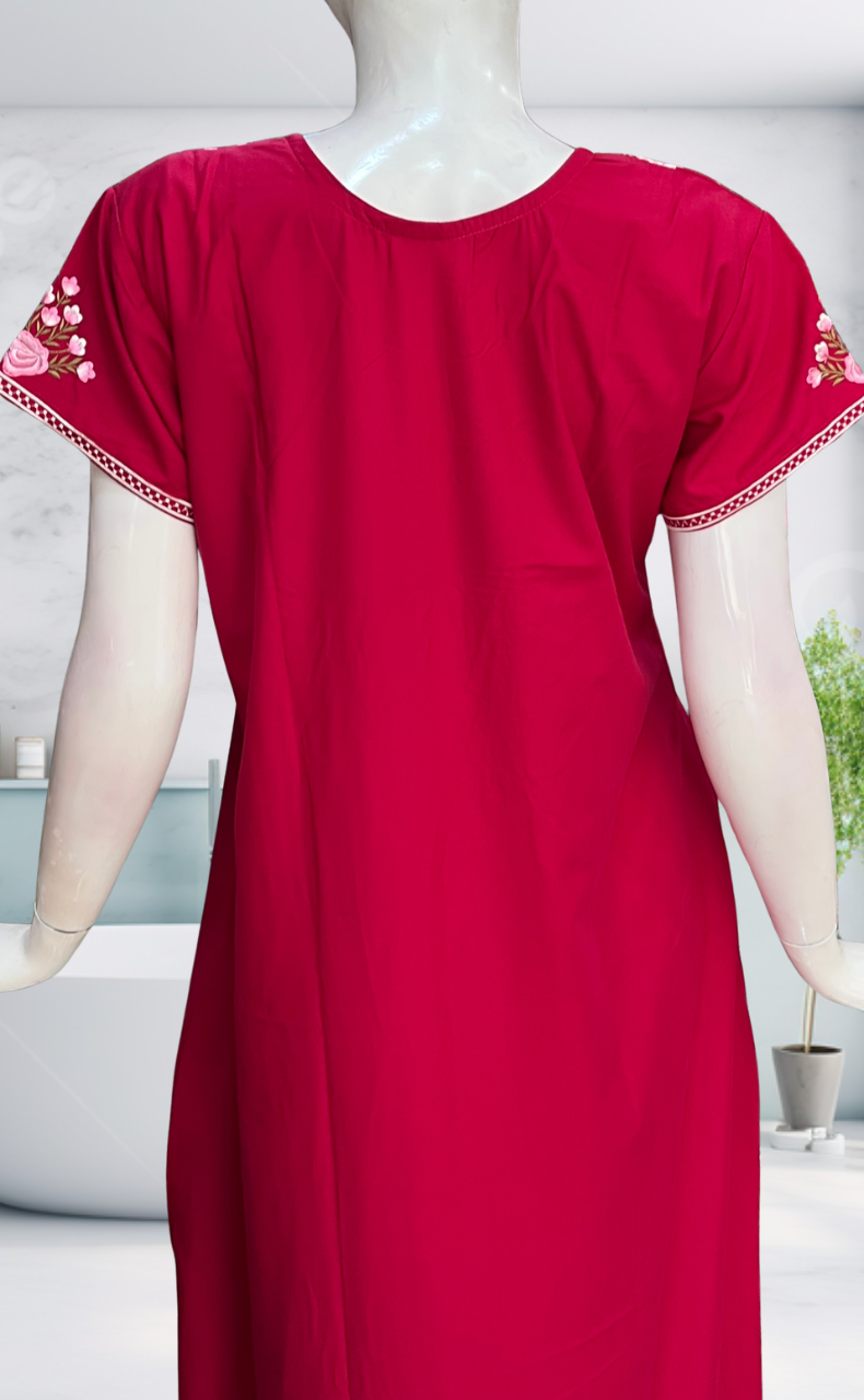 Rani Pink Embroidery Soft Cotton Nighty. Soft Breathable Fabric | Laces and Frills - Laces and Frills