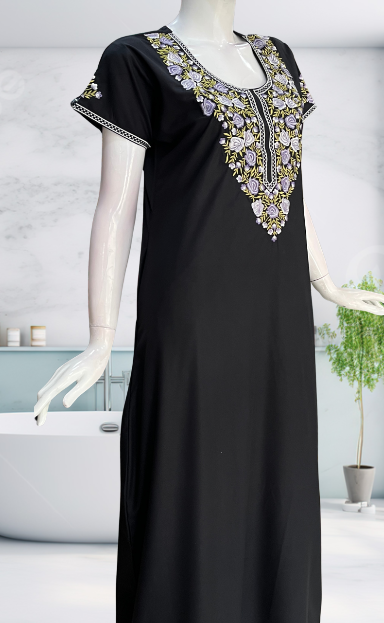 Black Embroidery Soft Cotton Nighty. Soft Breathable Fabric | Laces and Frills - Laces and Frills