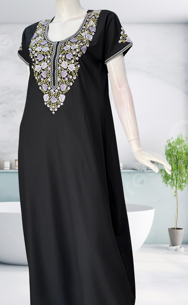 Black Embroidery Soft Cotton Nighty. Soft Breathable Fabric | Laces and Frills - Laces and Frills