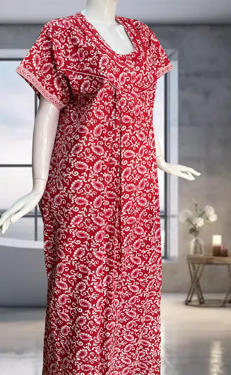 Maroon Paisley Print Pure Cotton Nighty. Pure Durable Cotton | Laces and Frills