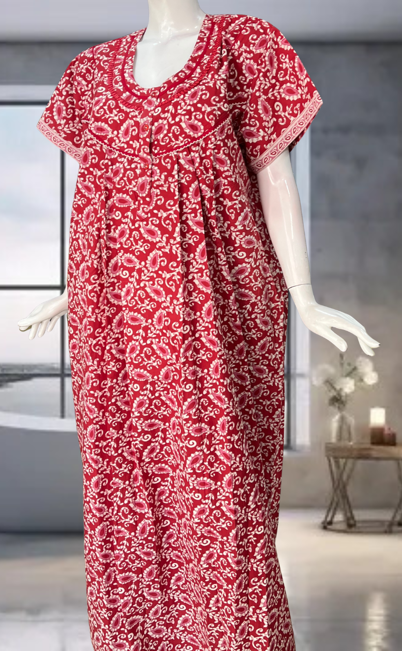 Maroon Paisley Print Pure Cotton Nighty. Pure Durable Cotton | Laces and Frills