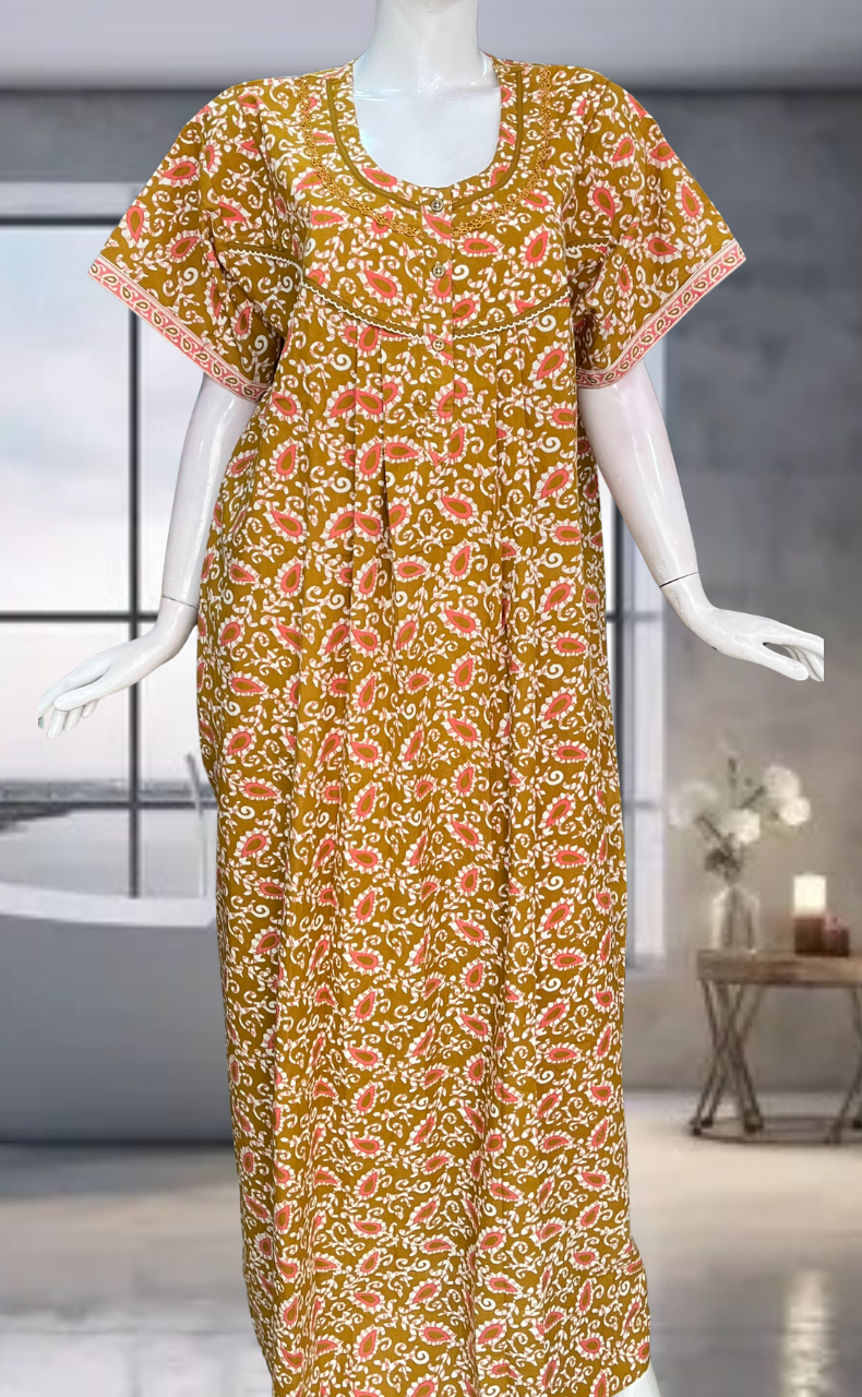 Mustard Paisley Print Pure Cotton Nighty. Pure Durable Cotton | Laces and Frills