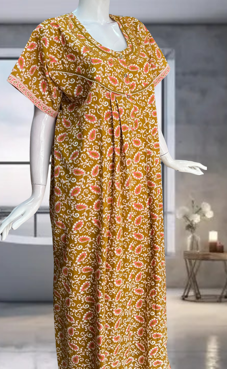 Mustard Paisley Print Pure Cotton Nighty. Pure Durable Cotton | Laces and Frills
