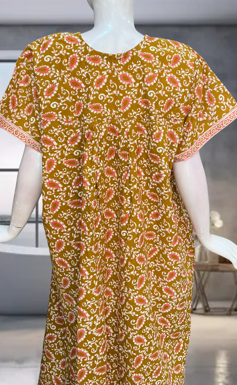 Mustard Paisley Print Pure Cotton Nighty. Pure Durable Cotton | Laces and Frills