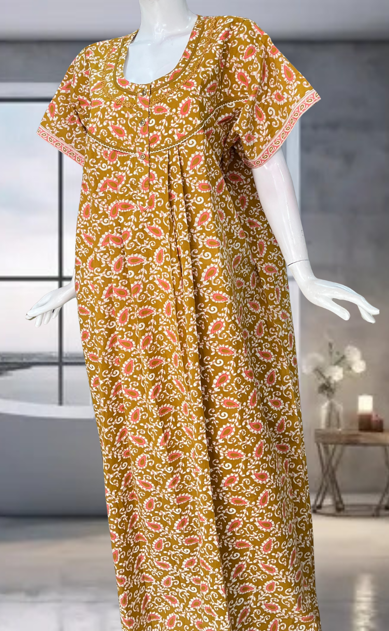 Mustard Paisley Print Pure Cotton Nighty. Pure Durable Cotton | Laces and Frills