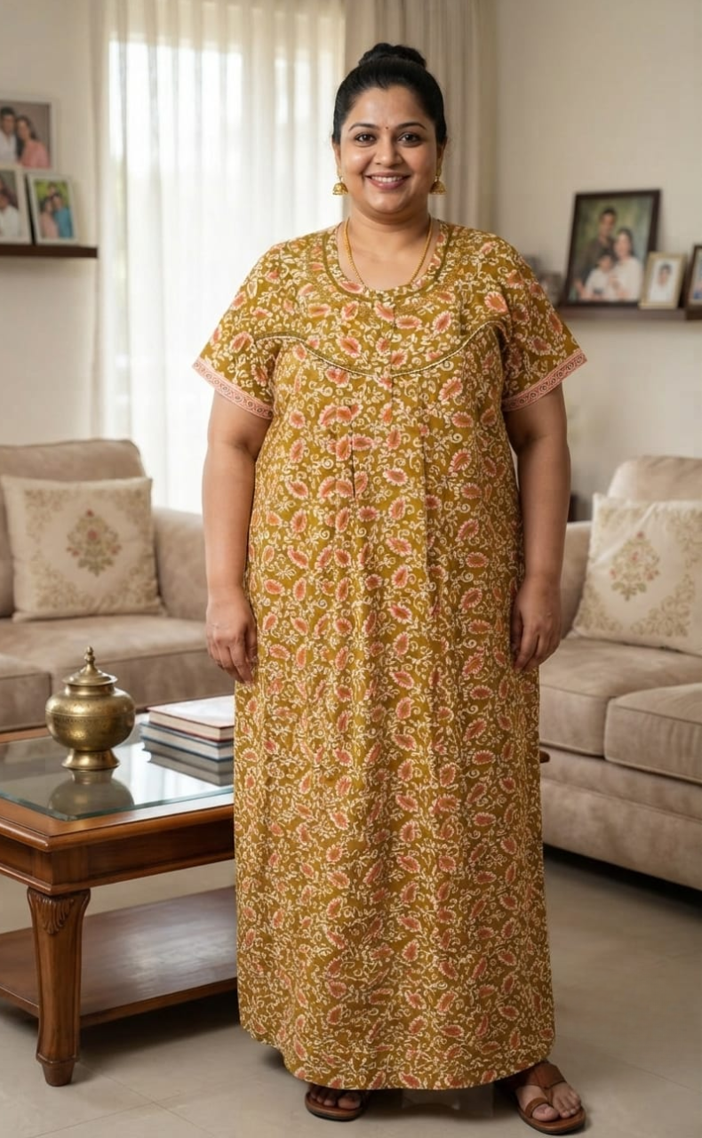 Mustard Paisley Print Pure Cotton Nighty. Pure Durable Cotton | Laces and Frills