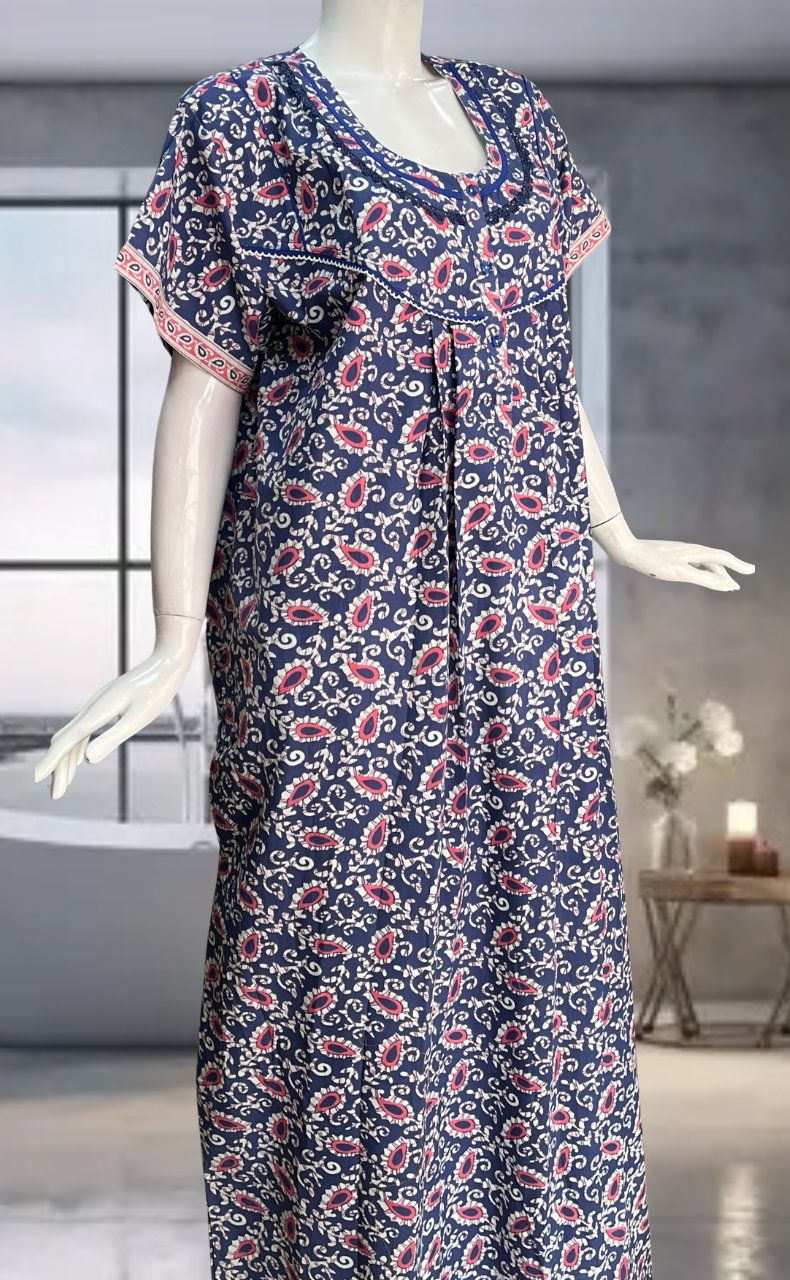 Blue Paisley Print Pure Cotton Nighty. Pure Durable Cotton | Laces and Frills