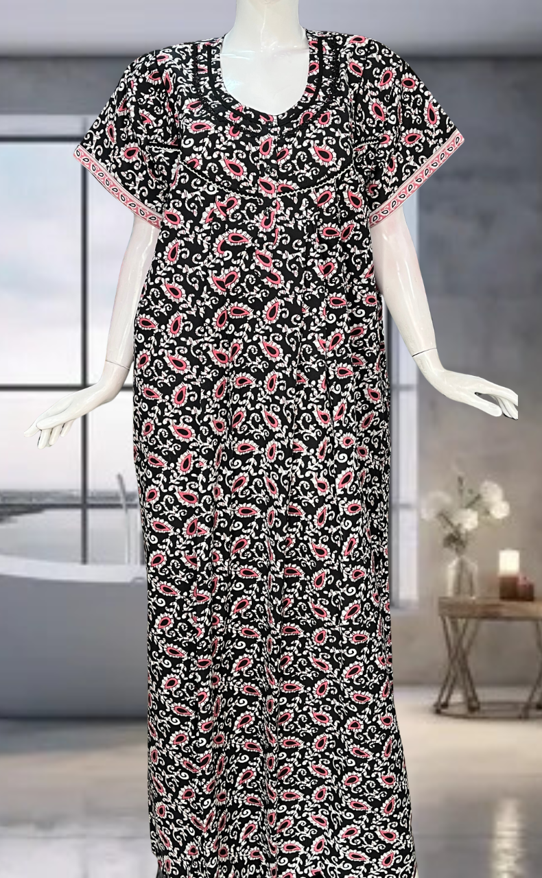 Black Paisley Print Pure Cotton Nighty. Pure Durable Cotton | Laces and Frills