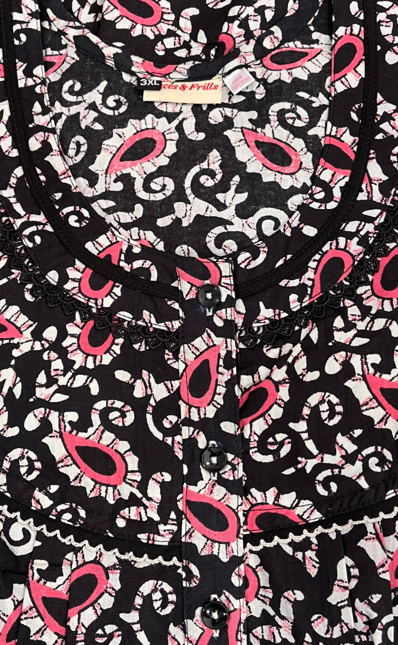 Black Paisley Print Pure Cotton Nighty. Pure Durable Cotton | Laces and Frills