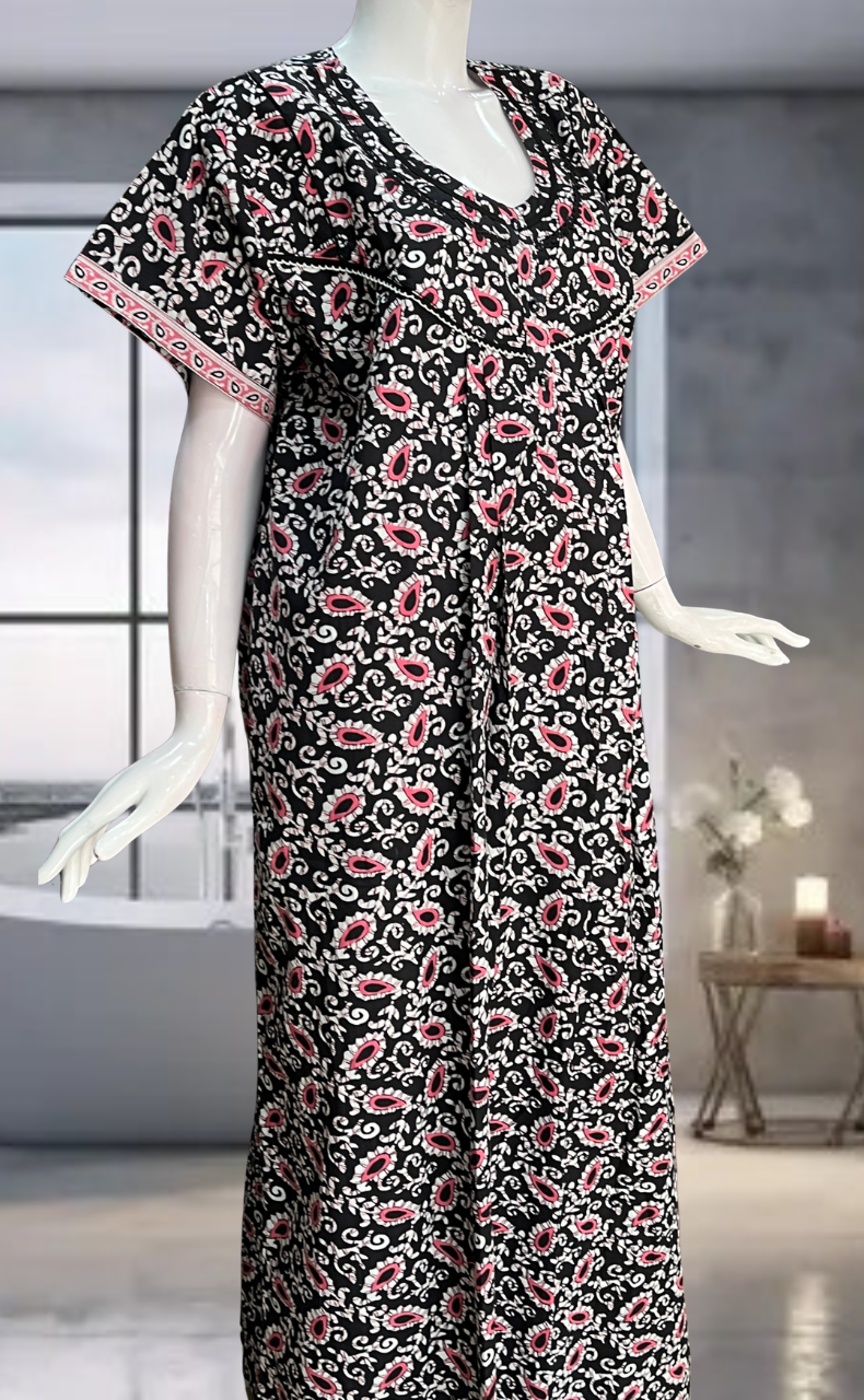 Black Paisley Print Pure Cotton Nighty. Pure Durable Cotton | Laces and Frills