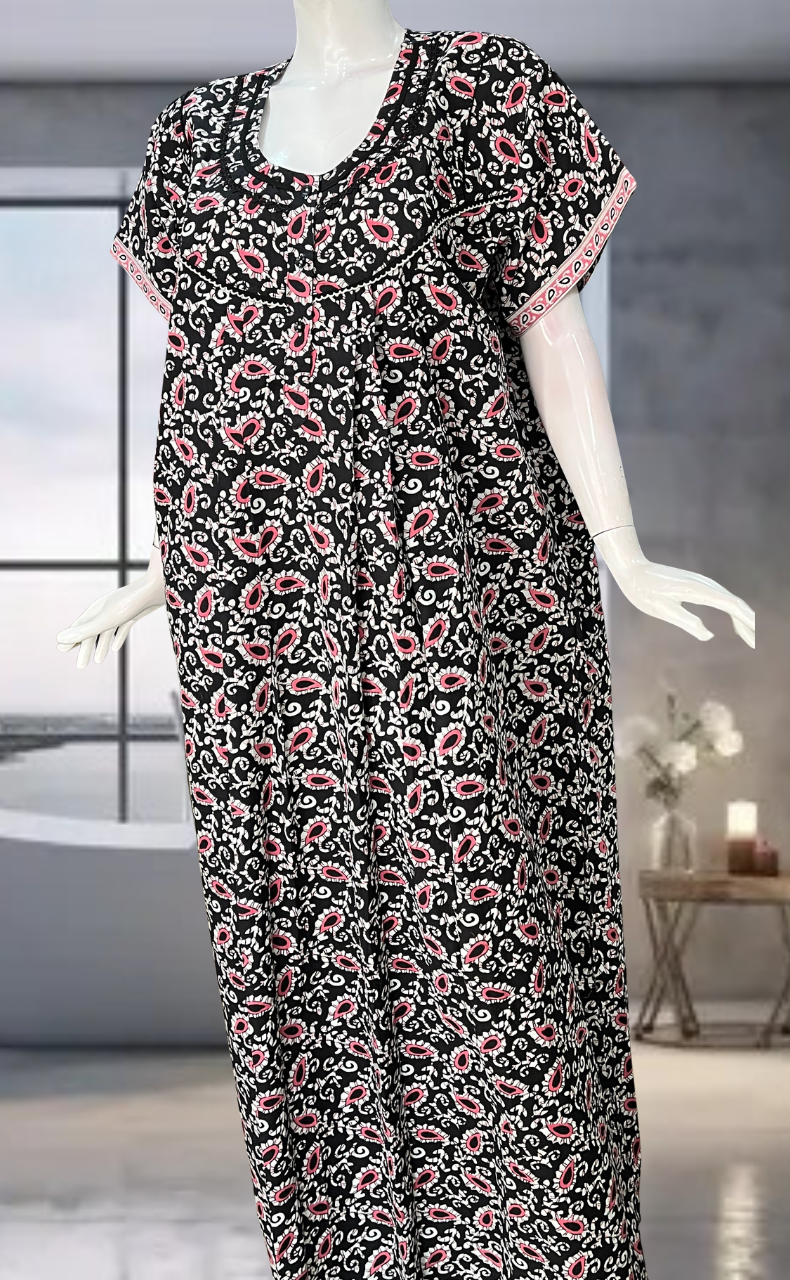 Black Paisley Print Pure Cotton Nighty. Pure Durable Cotton | Laces and Frills