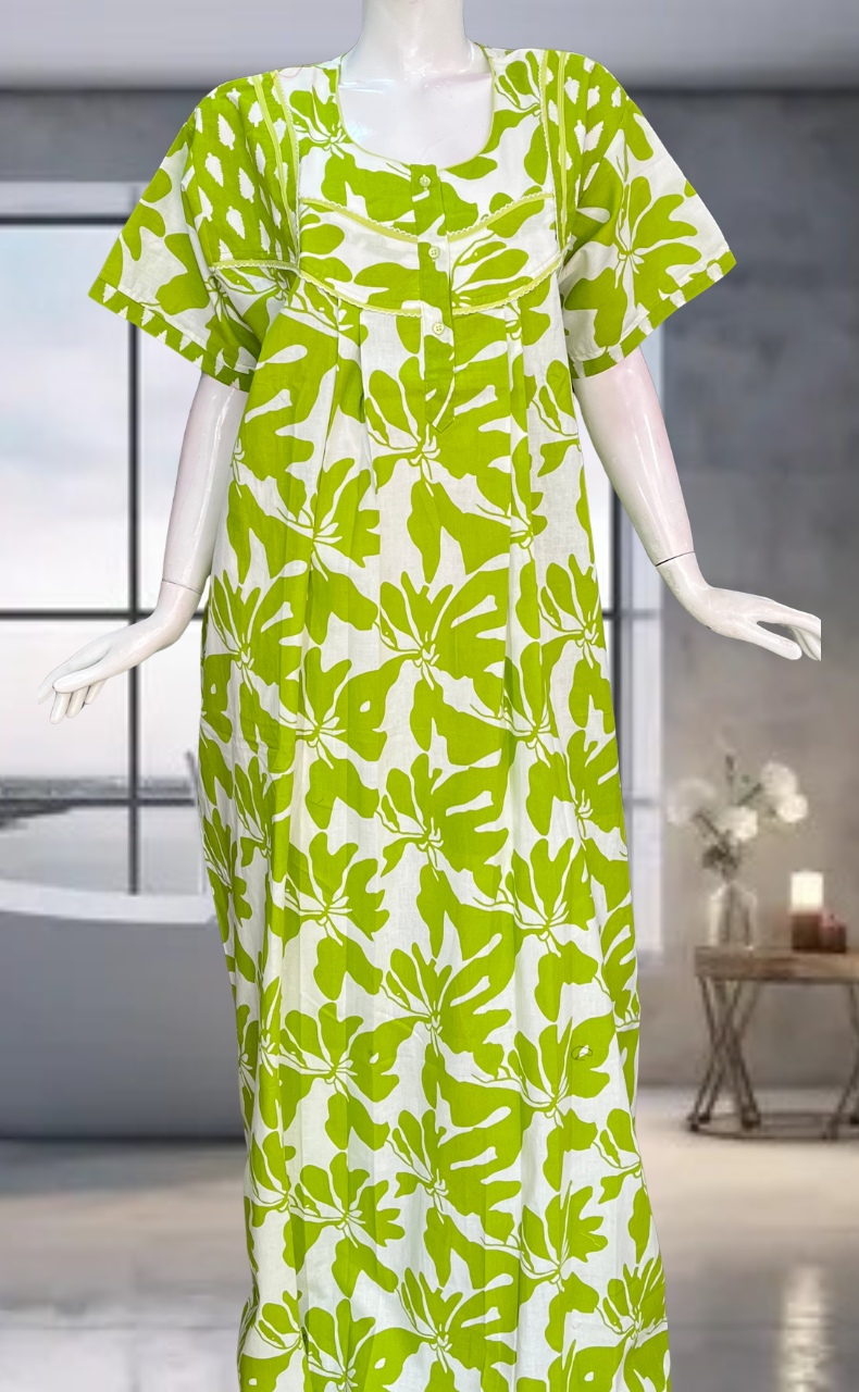 Green Floral Pure Cotton Nighty. Pure Durable Cotton | Laces and Frills