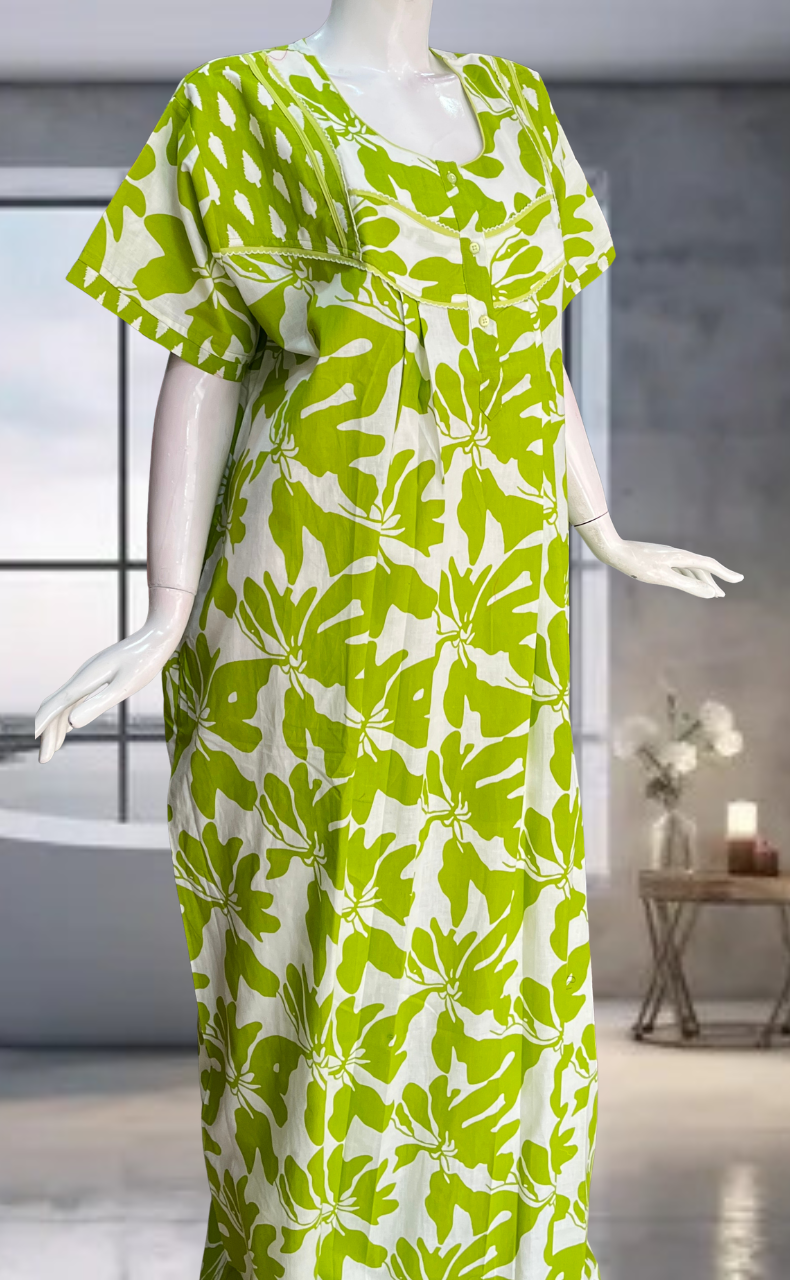 Green Floral Pure Cotton Nighty. Pure Durable Cotton | Laces and Frills