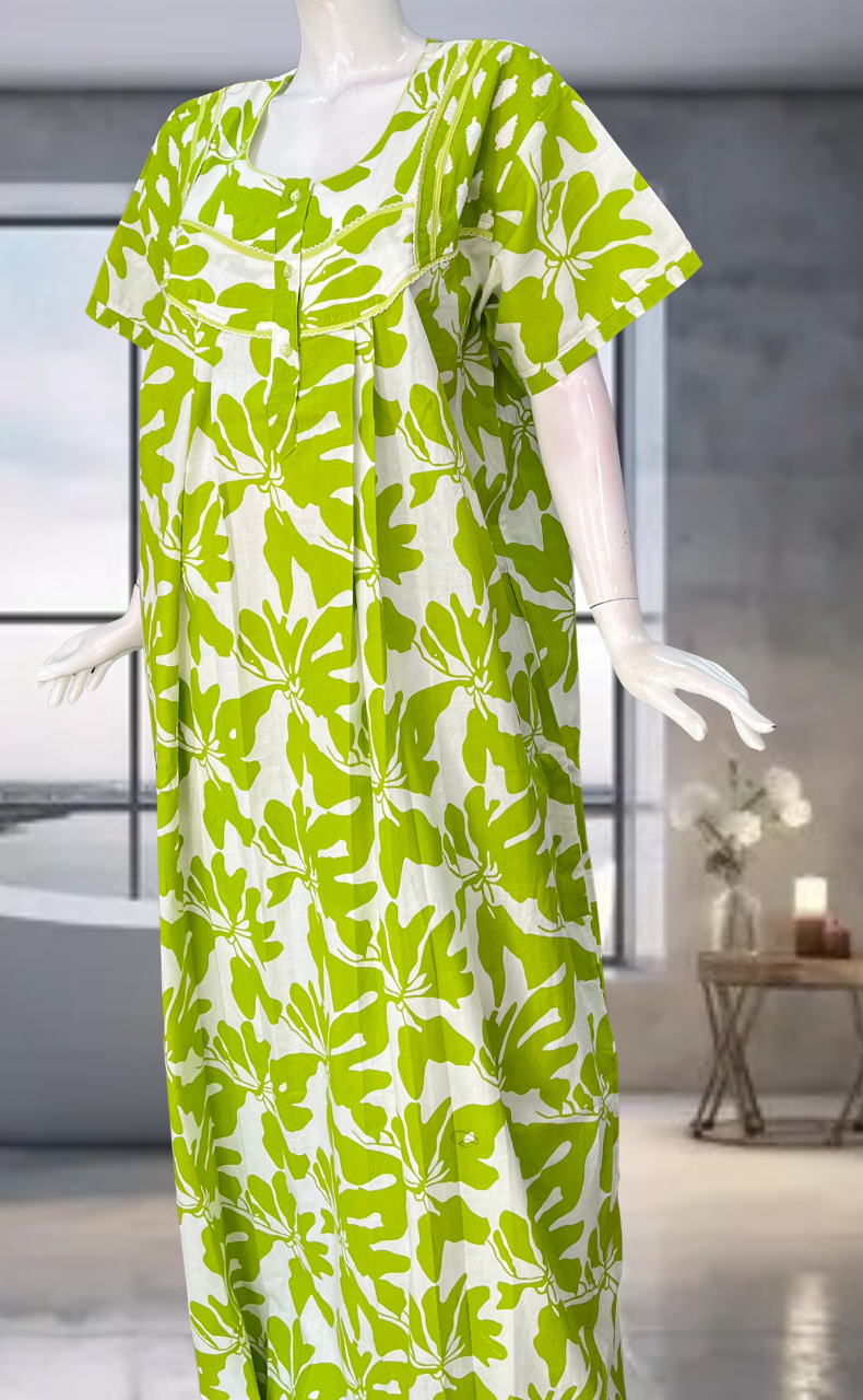 Green Floral Pure Cotton Nighty. Pure Durable Cotton | Laces and Frills