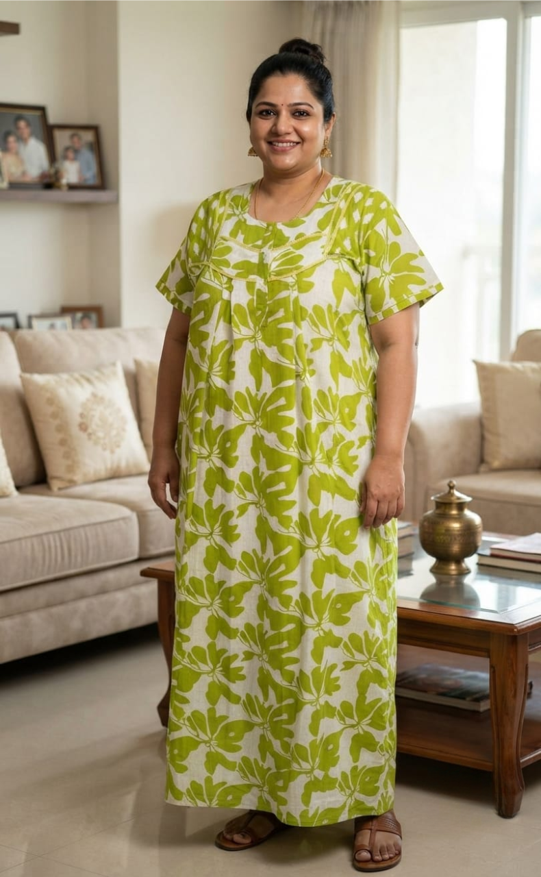 Green Floral Pure Cotton Nighty. Pure Durable Cotton | Laces and Frills
