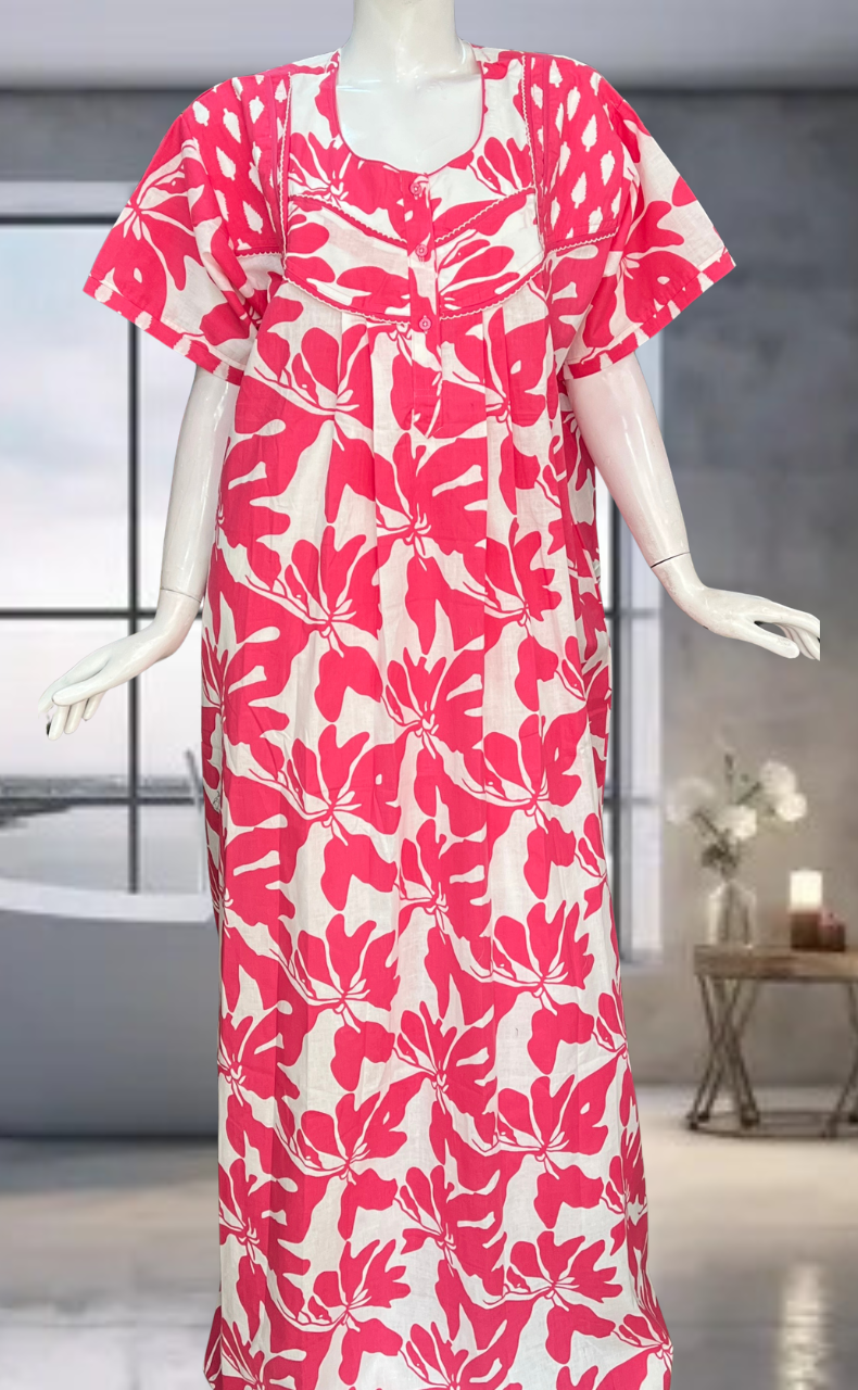 Pink Floral Pure Cotton Nighty. Pure Durable Cotton | Laces and Frills