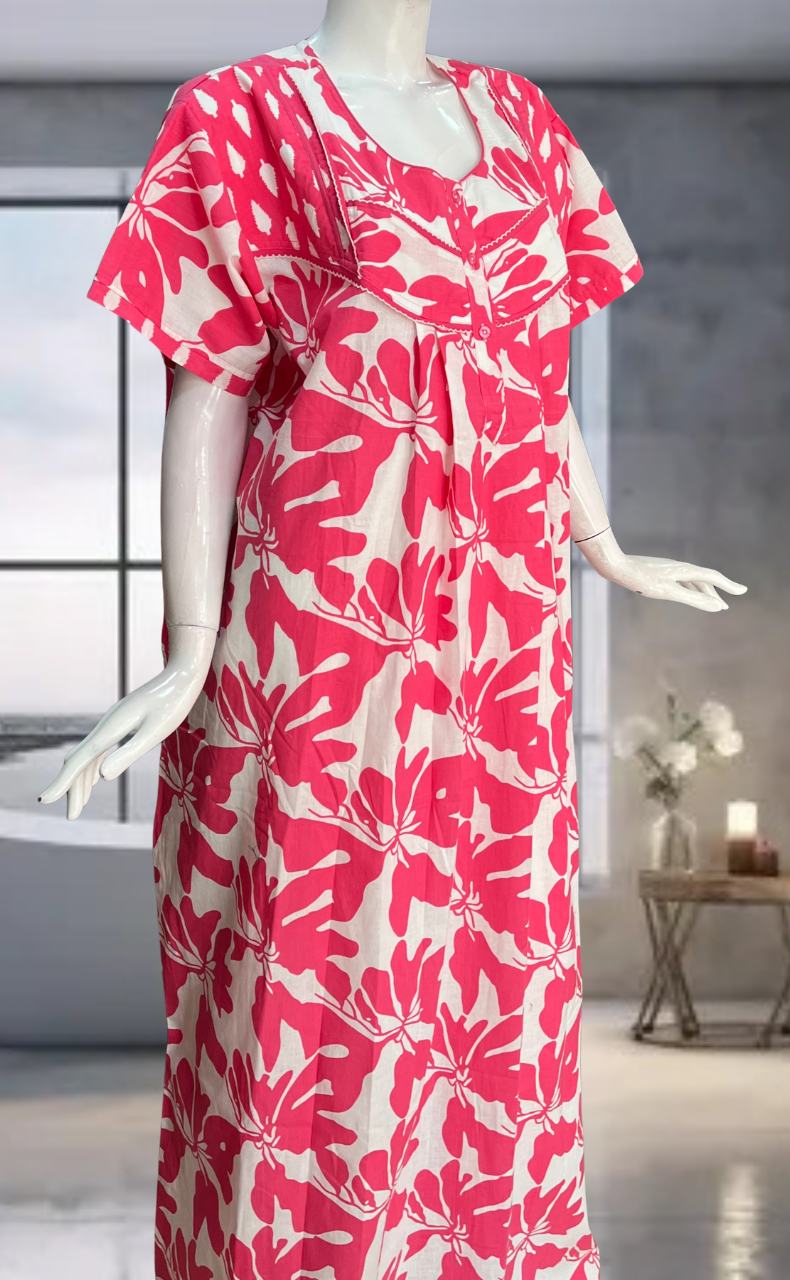 Pink Floral Pure Cotton Nighty. Pure Durable Cotton | Laces and Frills