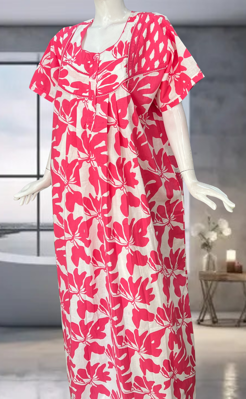 Pink Floral Pure Cotton Nighty. Pure Durable Cotton | Laces and Frills