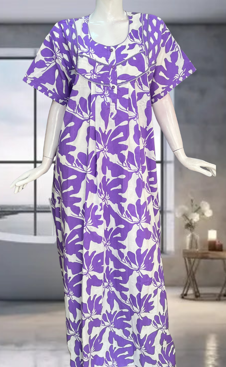 Lavender Floral Pure Cotton Nighty. Pure Durable Cotton | Laces and Frills
