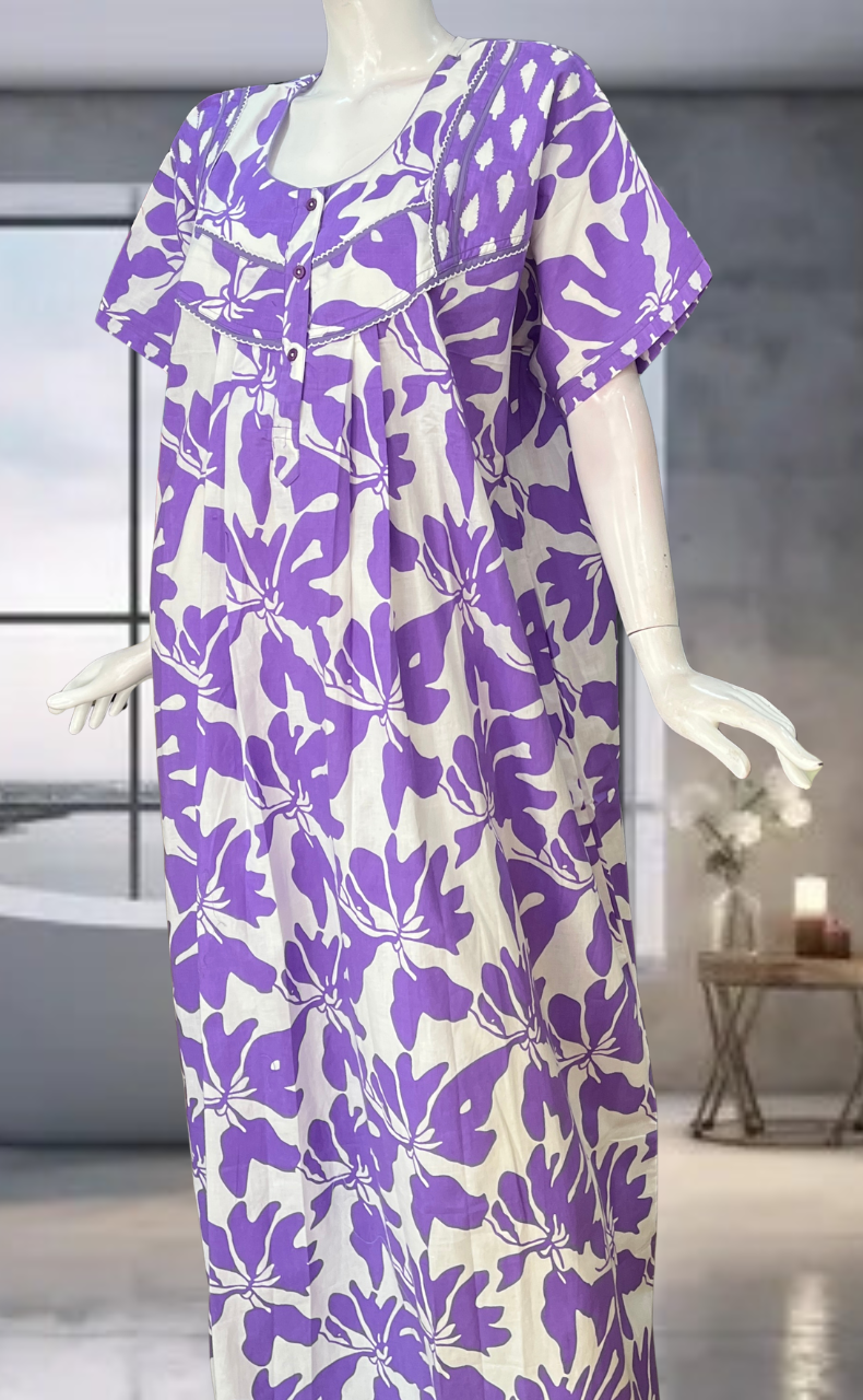 Lavender Floral Pure Cotton Nighty. Pure Durable Cotton | Laces and Frills