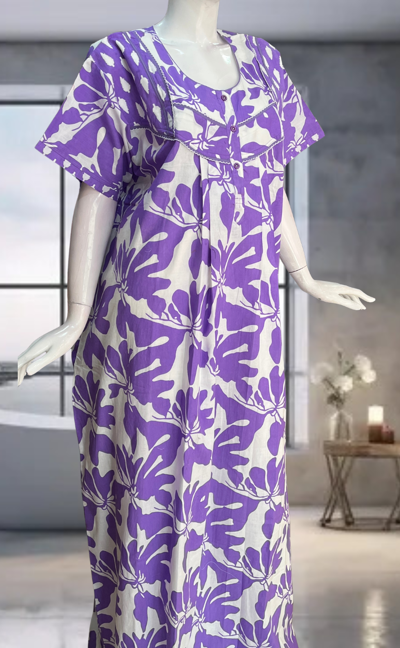 Lavender Floral Pure Cotton Nighty. Pure Durable Cotton | Laces and Frills