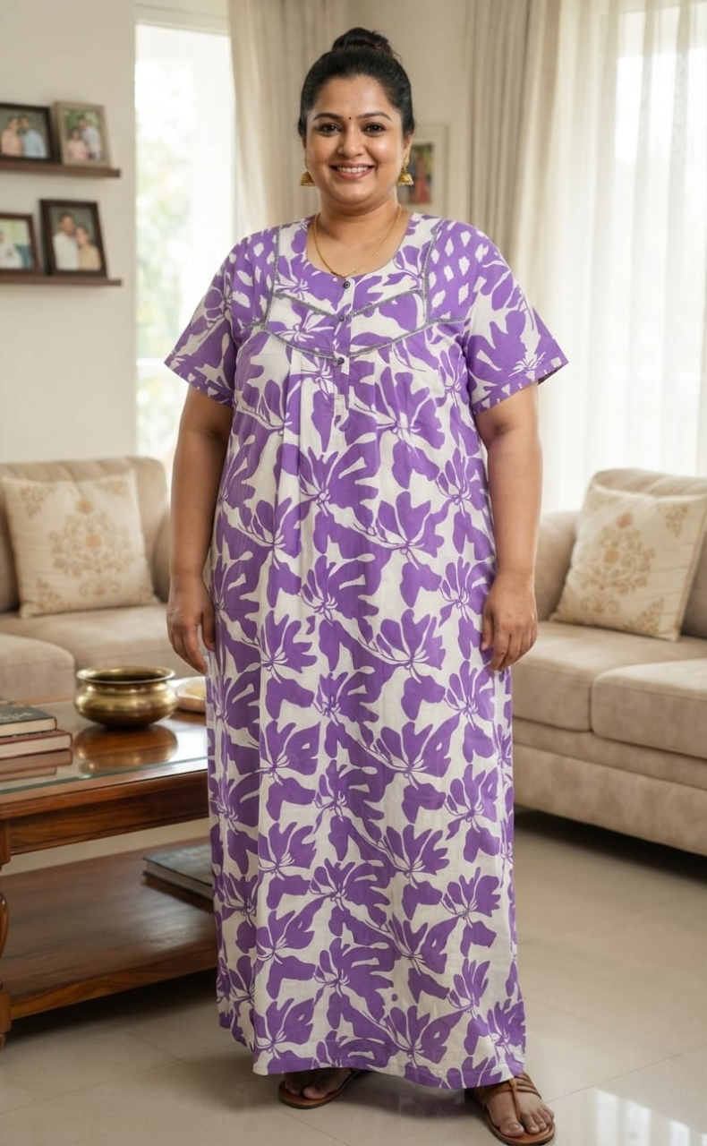 Lavender Floral Pure Cotton Nighty. Pure Durable Cotton | Laces and Frills