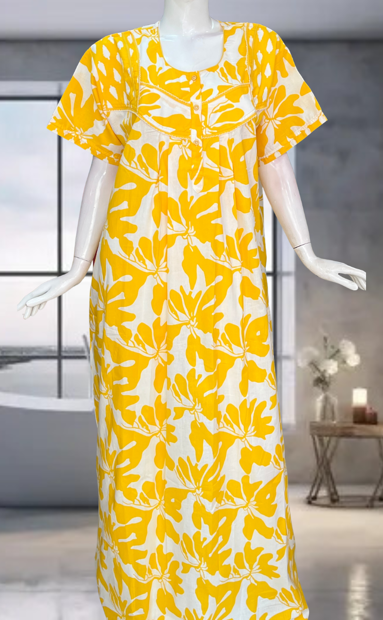 Yellow Floral Pure Cotton Nighty. Pure Durable Cotton | Laces and Frills