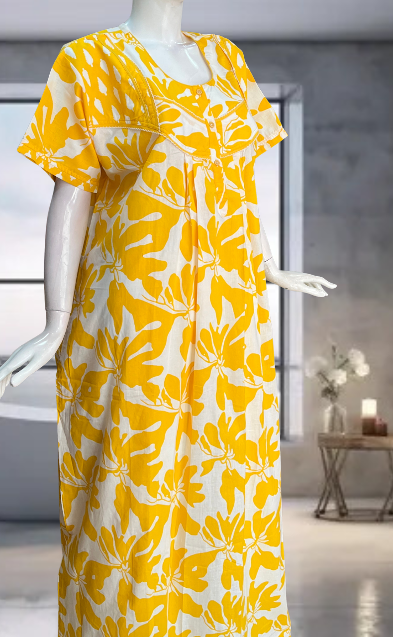 Yellow Floral Pure Cotton Nighty. Pure Durable Cotton | Laces and Frills