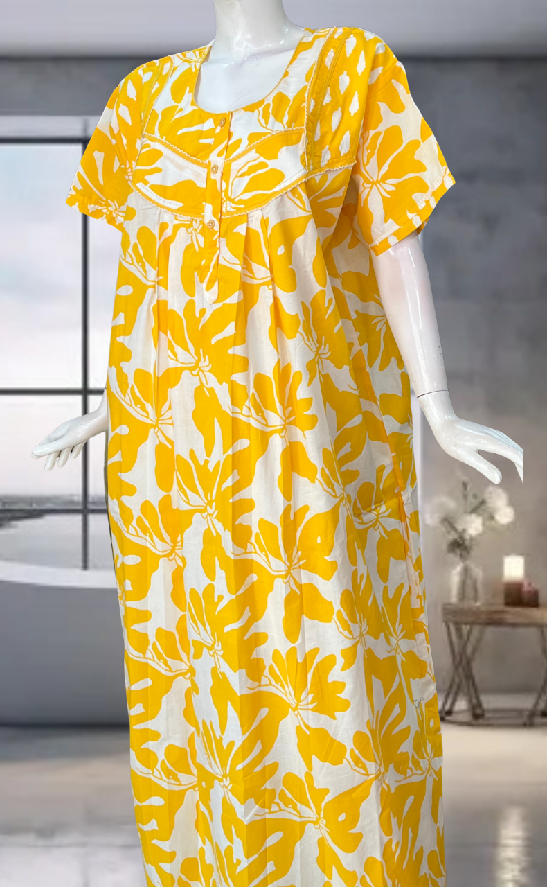 Yellow Floral Pure Cotton Nighty. Pure Durable Cotton | Laces and Frills