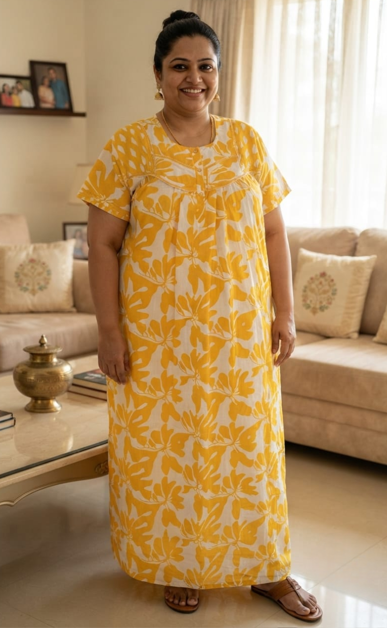 Yellow Floral Pure Cotton Nighty. Pure Durable Cotton | Laces and Frills