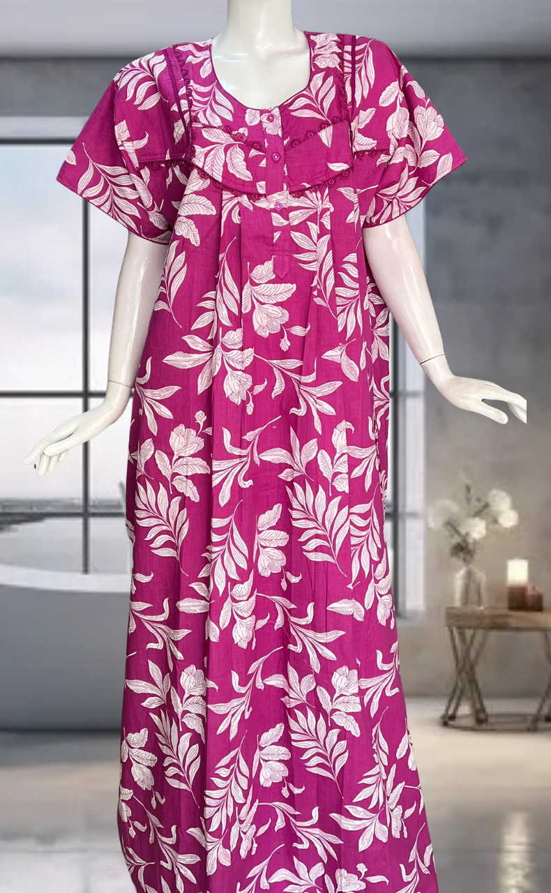 Hot Pink Floral Pure Cotton Nighty. Pure Durable Cotton | Laces and Frills