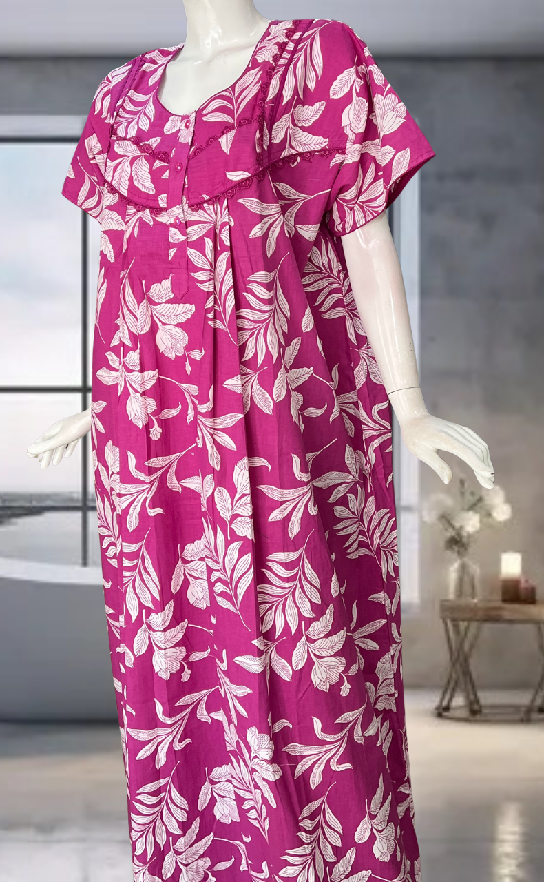 Hot Pink Floral Pure Cotton Nighty. Pure Durable Cotton | Laces and Frills
