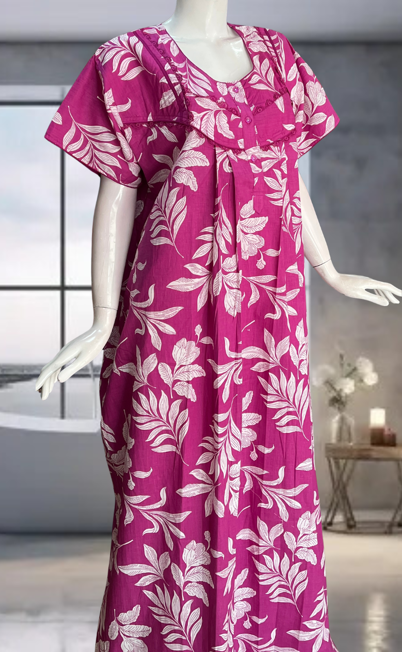 Hot Pink Floral Pure Cotton Nighty. Pure Durable Cotton | Laces and Frills