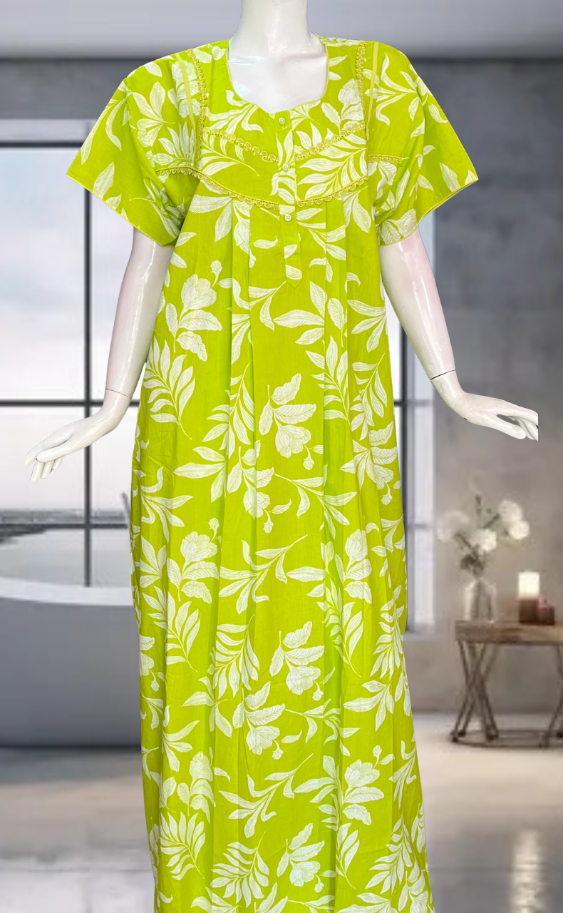Green Floral Pure Cotton Nighty. Pure Durable Cotton | Laces and Frills