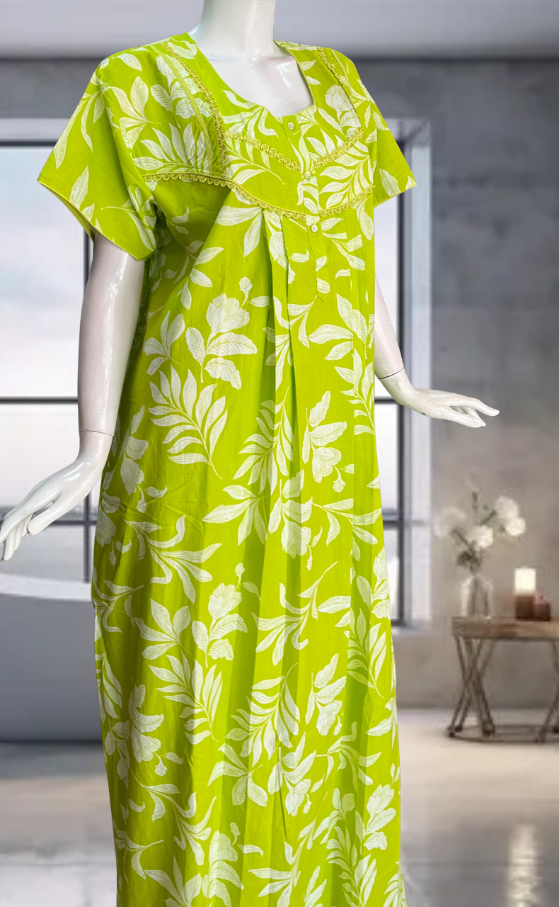 Green Floral Pure Cotton Nighty. Pure Durable Cotton | Laces and Frills