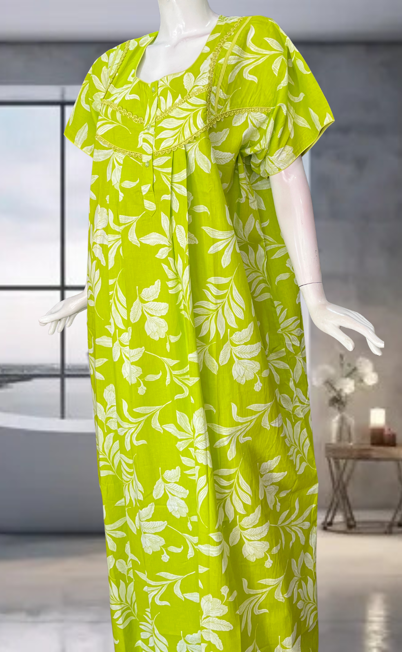 Green Floral Pure Cotton Nighty. Pure Durable Cotton | Laces and Frills