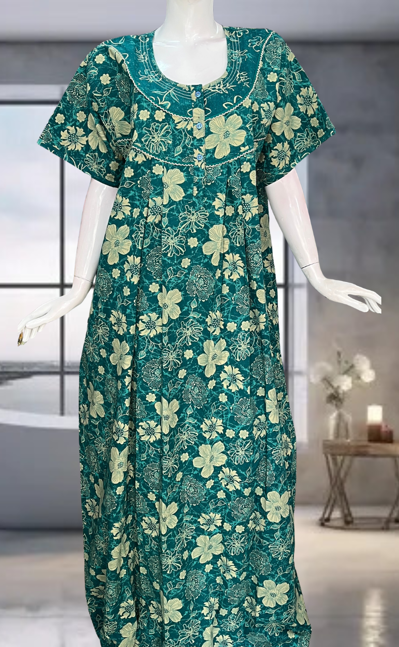 Teal Green Garden Pure Cotton Nighty. Pure Durable Cotton | Laces and Frills