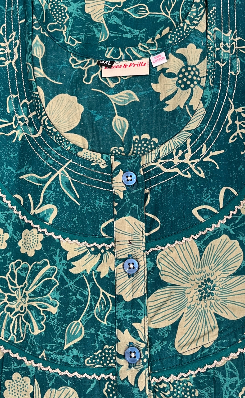 Teal Green Garden Pure Cotton Nighty. Pure Durable Cotton | Laces and Frills