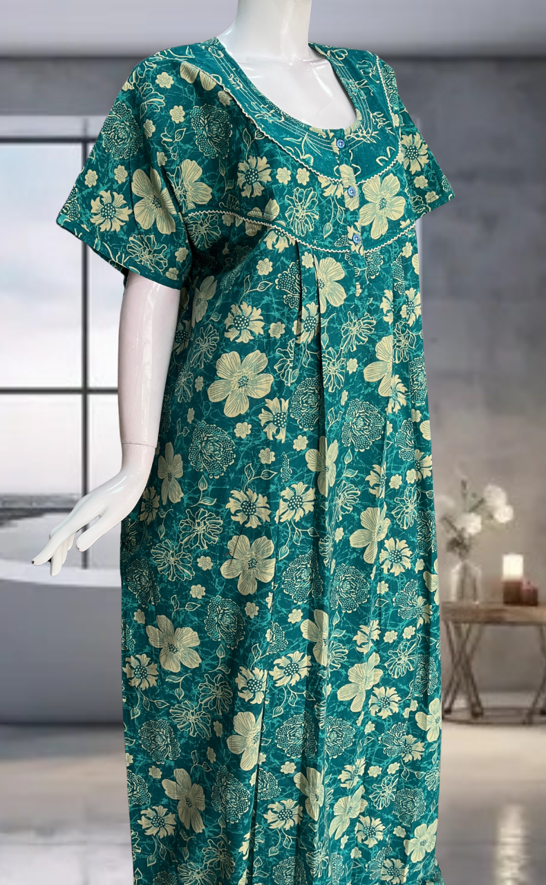 Teal Green Garden Pure Cotton Nighty. Pure Durable Cotton | Laces and Frills