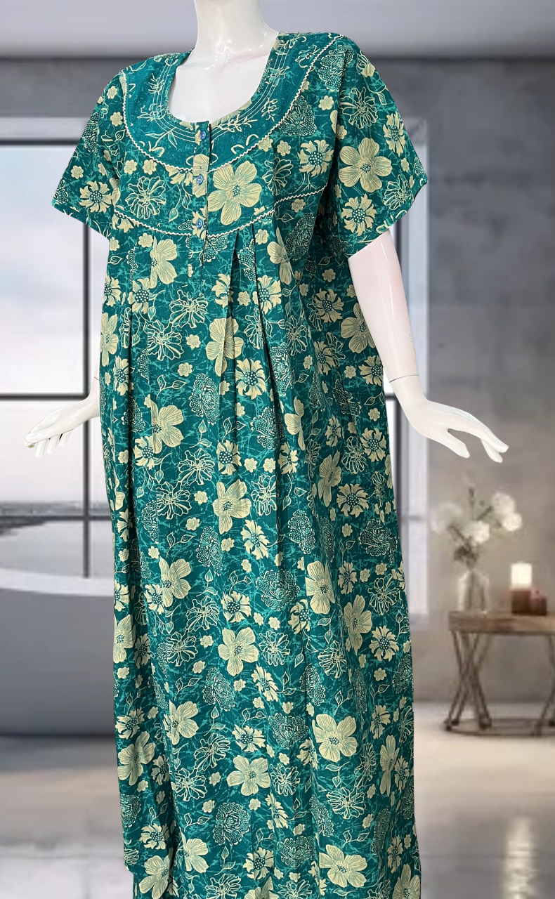 Teal Green Garden Pure Cotton Nighty. Pure Durable Cotton | Laces and Frills