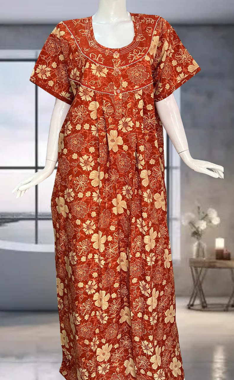 Rust Orange Garden Pure Cotton Nighty. Pure Durable Cotton | Laces and Frills
