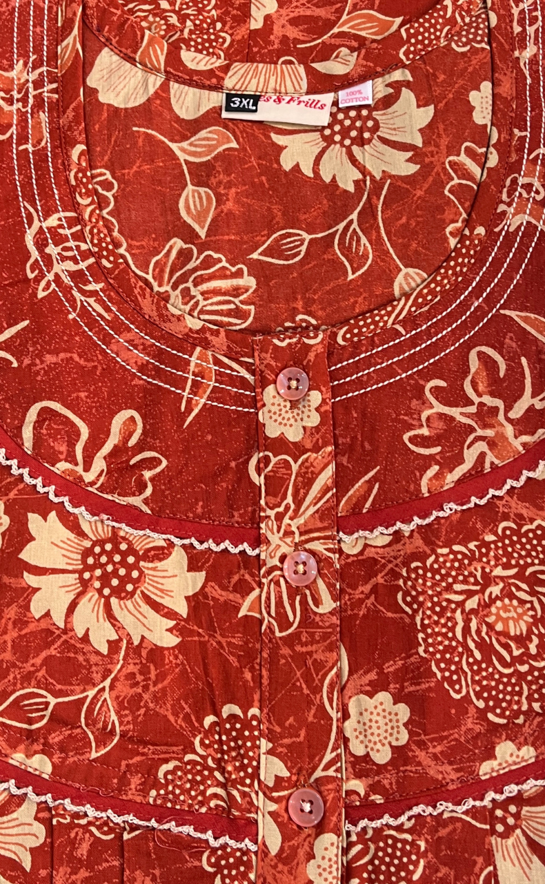 Rust Orange Garden Pure Cotton Nighty. Pure Durable Cotton | Laces and Frills