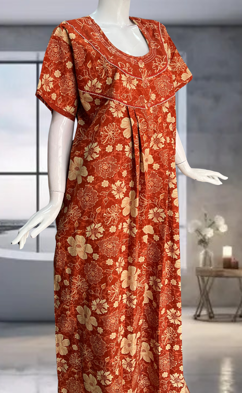 Rust Orange Garden Pure Cotton Nighty. Pure Durable Cotton | Laces and Frills
