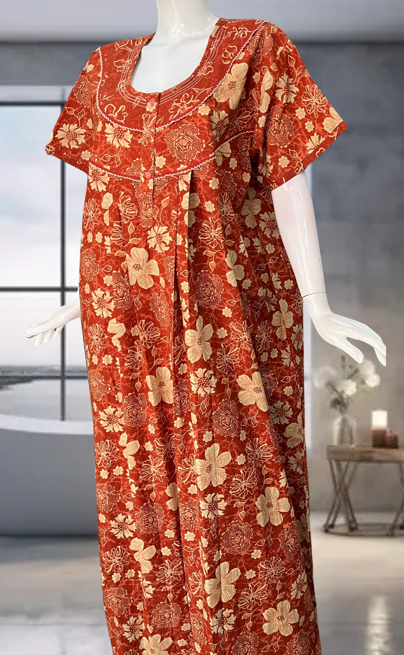 Rust Orange Garden Pure Cotton Nighty. Pure Durable Cotton | Laces and Frills